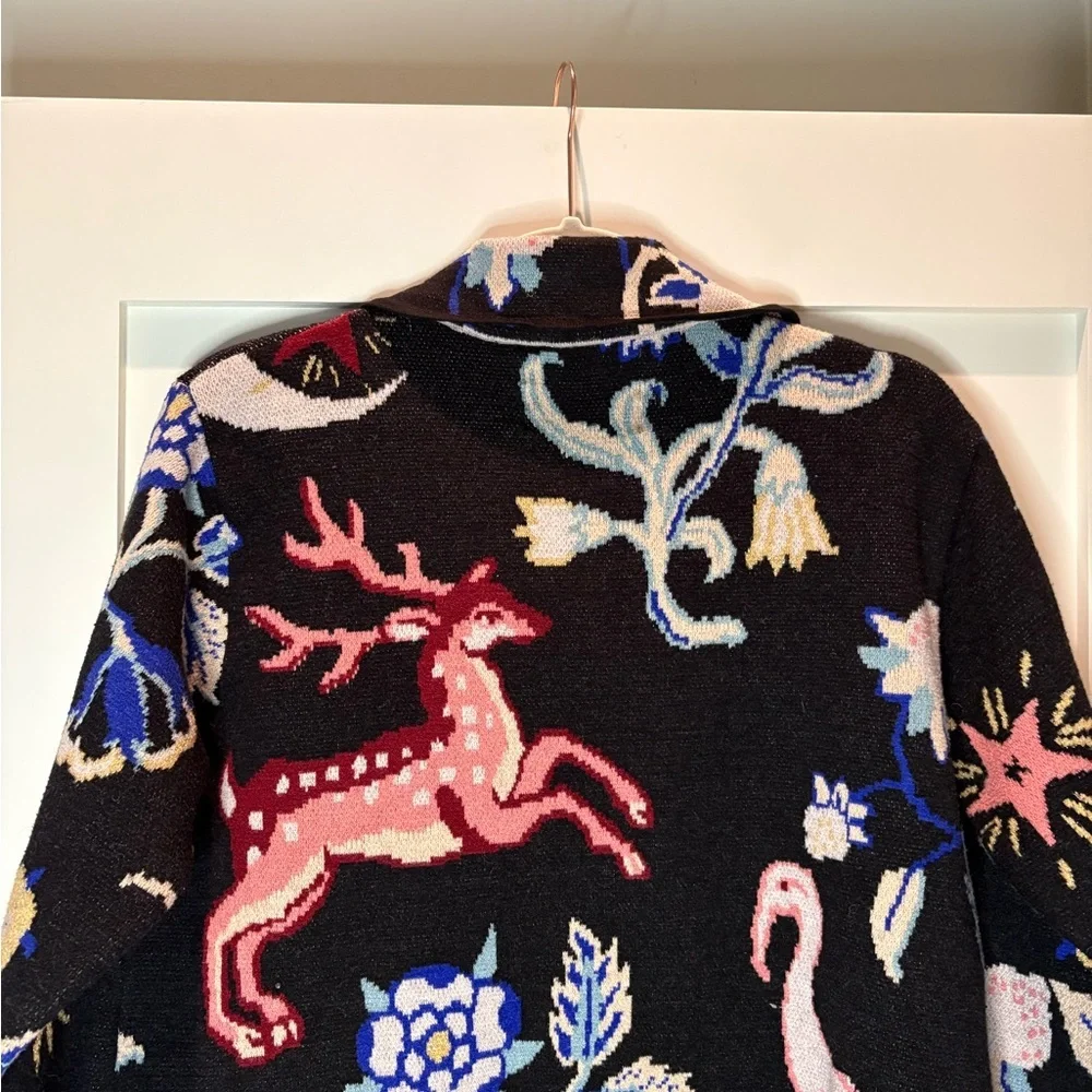 183 Anthropologie Icon Sweater Coat Jacket Deer Flamingo Animals Black size M - Picture 8 of 12